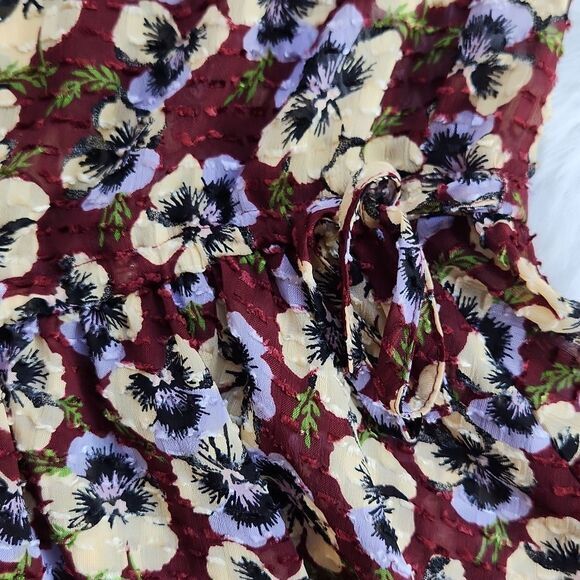 Madewell -565 Drawstring Ruffle-Hem Top Blouse in Viola Floral Burgundy Medium - Picture 6 of 10